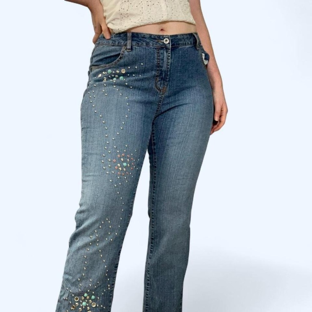 Y2K Studded Embellished Denim Mid Rise Bootcut Jeans Sz 15/16 Waist 35" Mcbling